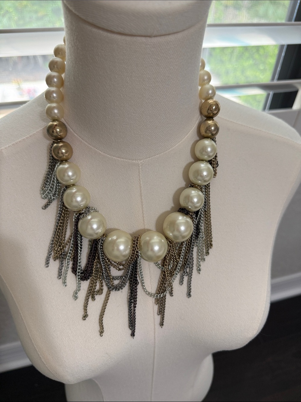 Rockstar Ivory Pearl Statement Necklace with Mixed Metal Fringe